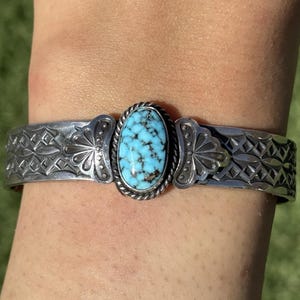 Sunshine Reeves Turquoise Sterling Silver Stacker Stamped Cuff Bracelet. Navajo