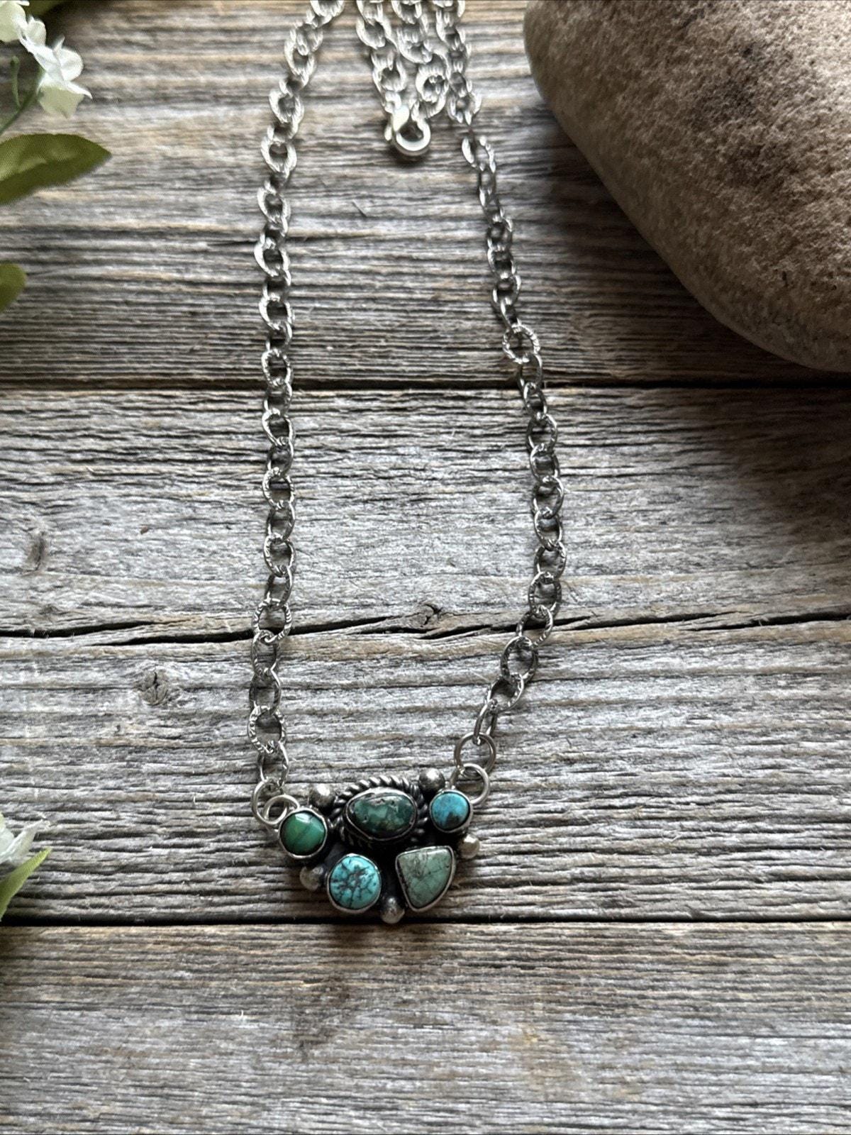 アクセサリー Vintage Turquoise Ketoh silver necklace Navajo Sterling Silver Blue Turquoise Cluster Adjustable Chain