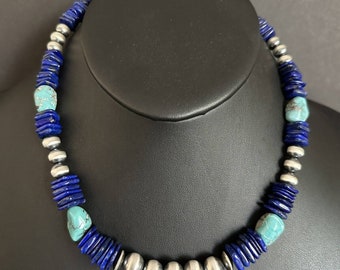 Sterling Silver Lapis Turquoise Bead Necklace. 18 inch