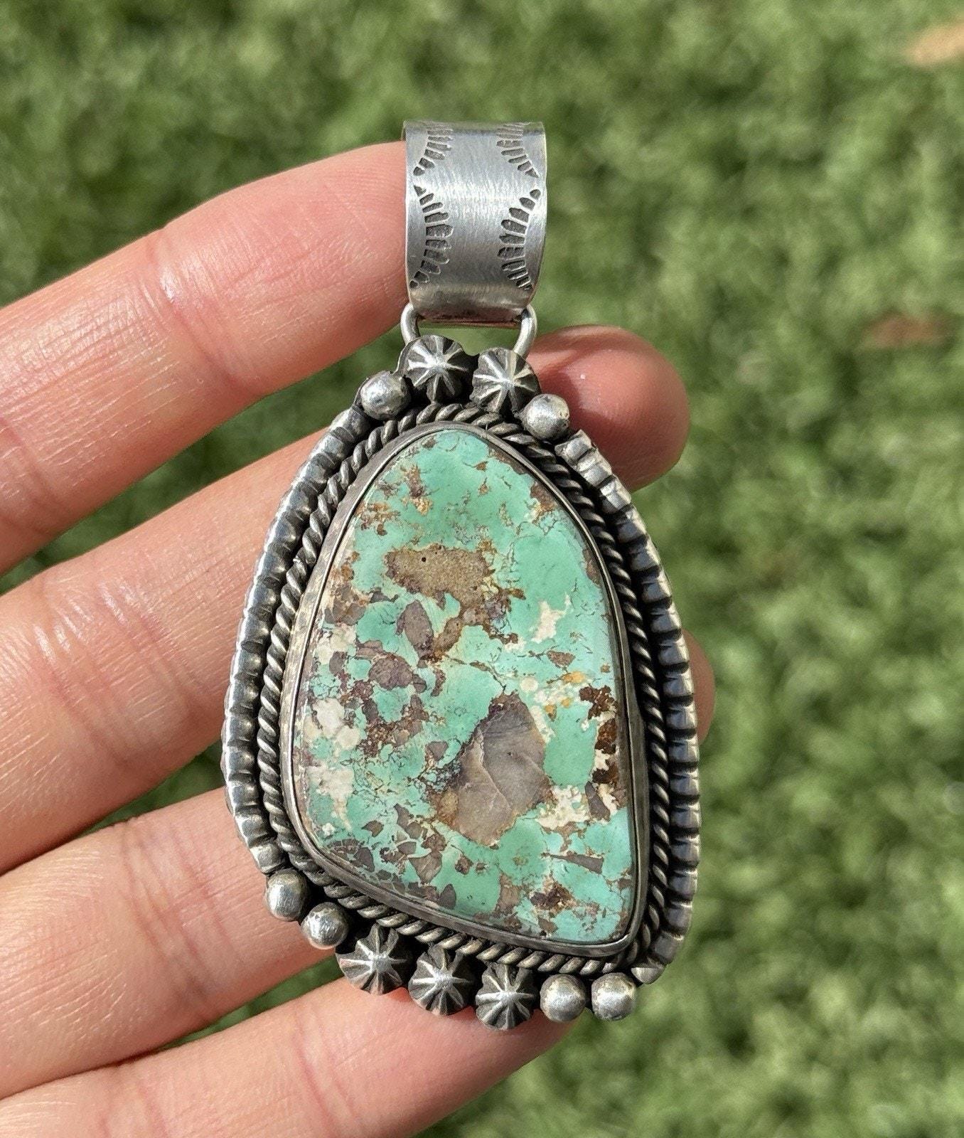Navajo Sterling Silver Green Royston Turquoise Pendant. E Etta