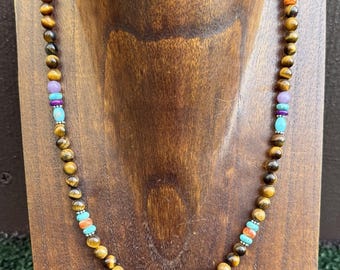 Tigers Eye Multi Stone Color Sterling Silver Bead Necklace. 18 inch Gift