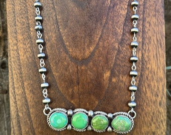 Navajo 925 Sterling Silver Green Turquoise Rosary Bar Necklace. 24 Inch RY