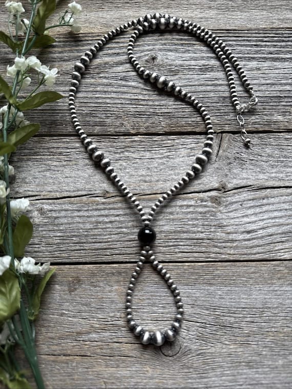 Jacla Sterling Silver Multi Graduated Onyx Pearls Bead Necklace 24