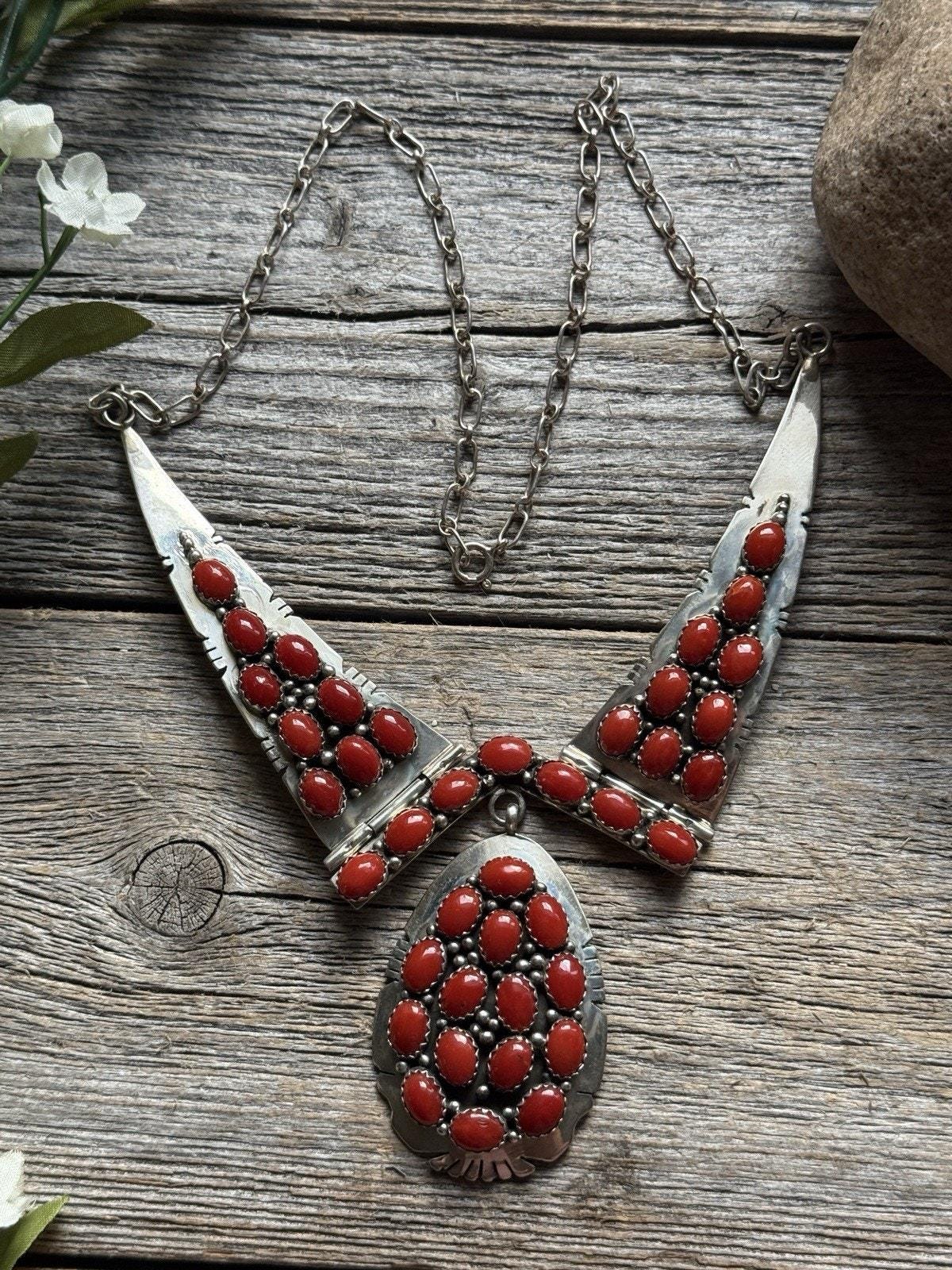 Navajo Sterling Silver Red Coral Adjustable Lariat Chain Necklace