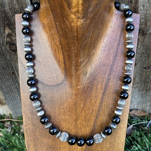 Southwestern Sterling Silver Black Onyx Bead Necklace. 18 Inch. Gift