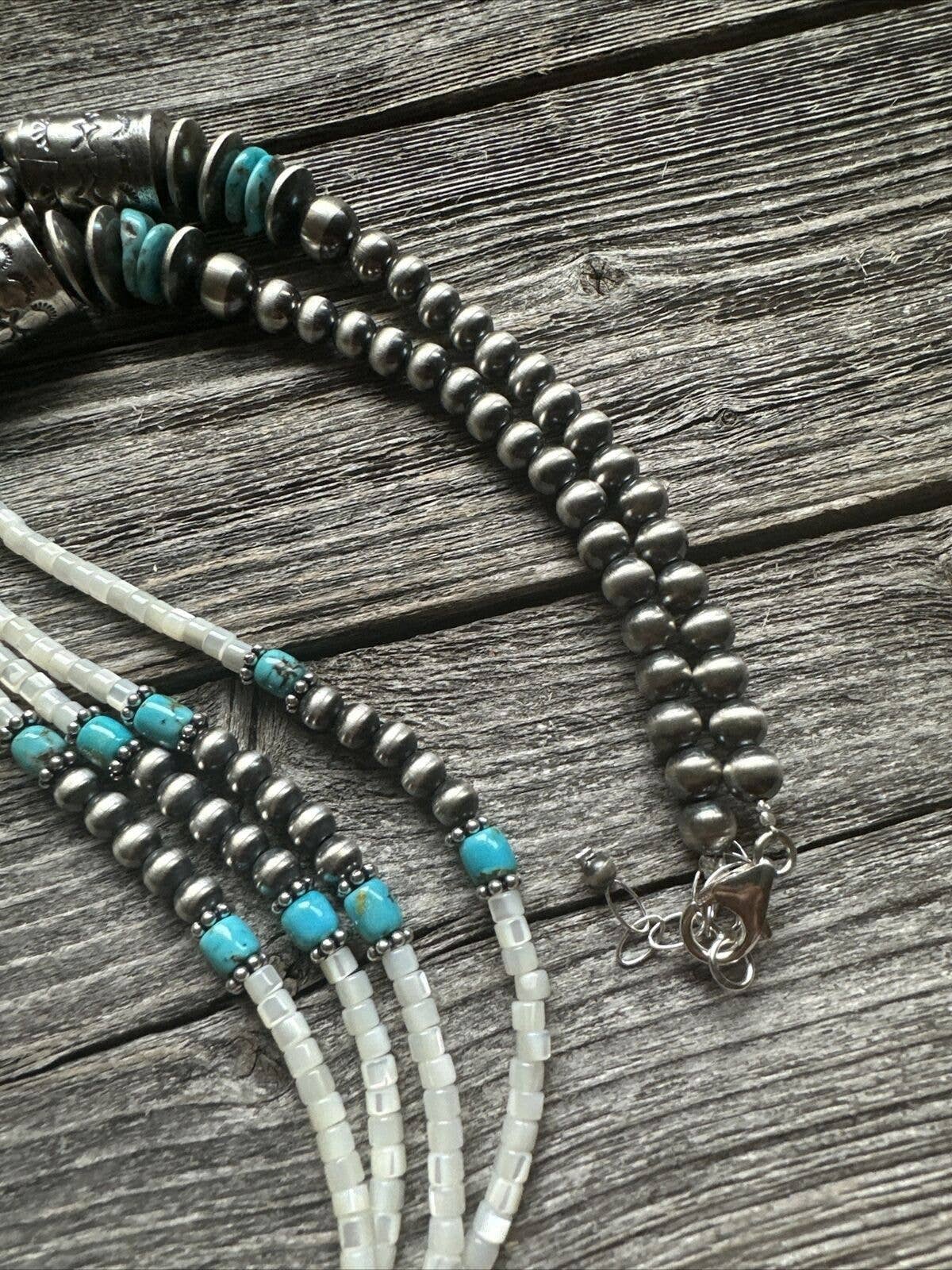 Sterling Silver Multi Strand Mother of Pearl Turquoise Bead Necklace ...