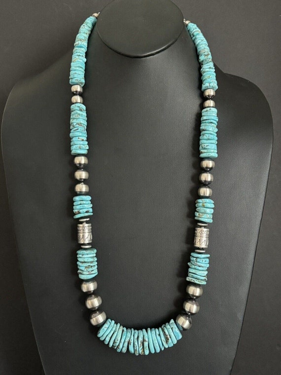 Rare Longer 32 Inch Vintage Navajo Turquoise Sterling Silver Necklace Rare Longer 32 Inch Vintage Navajo Turquoise Sterling Silver Necklace