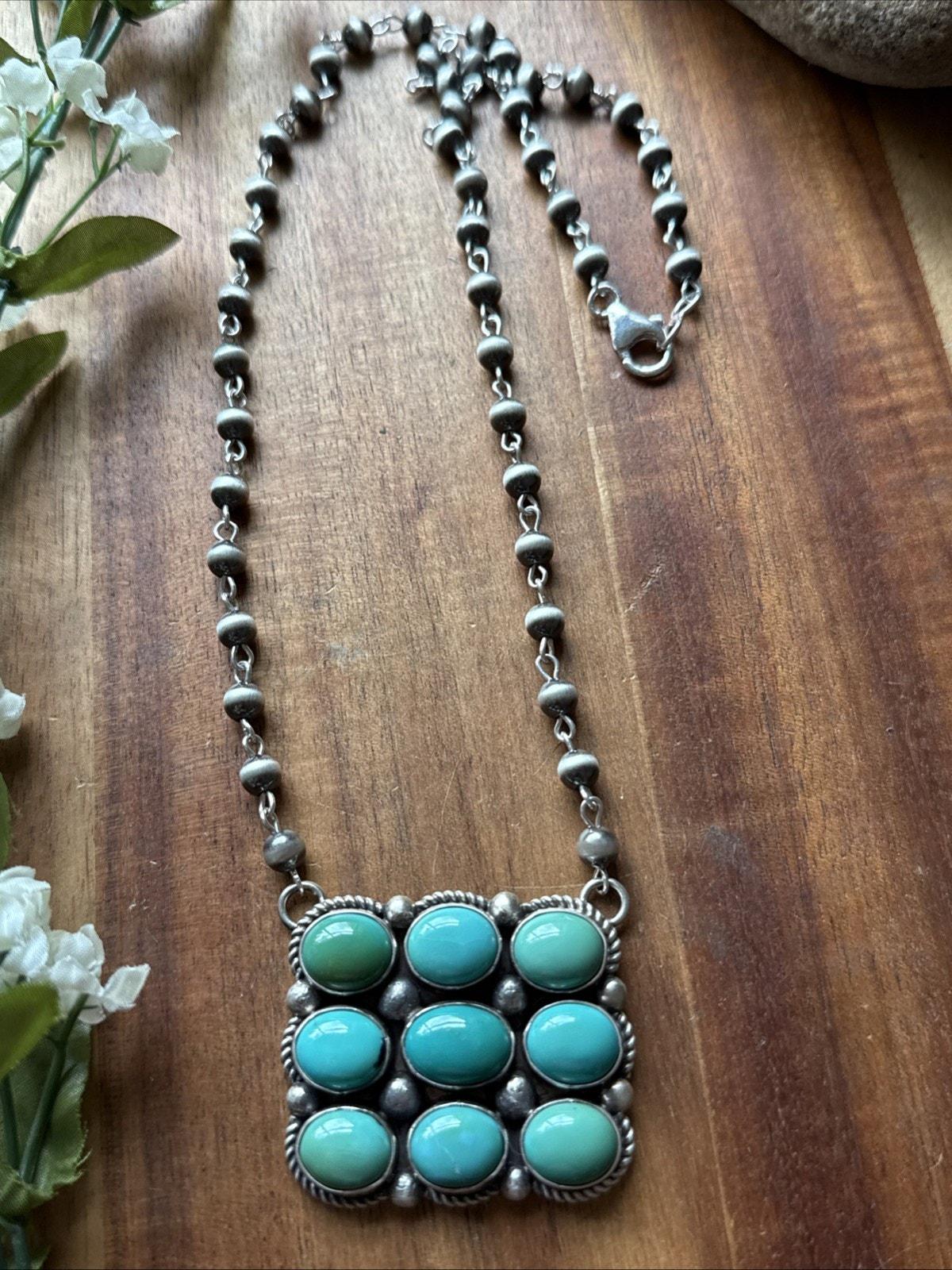 Navajo 925 Sterling Silver Green Turquoise Rosary Bar Necklace. 20