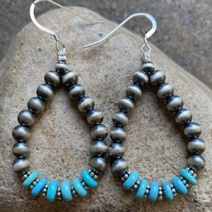 Sterling Silver Blue Turquoise W Pearls Bead Loop Earrings.