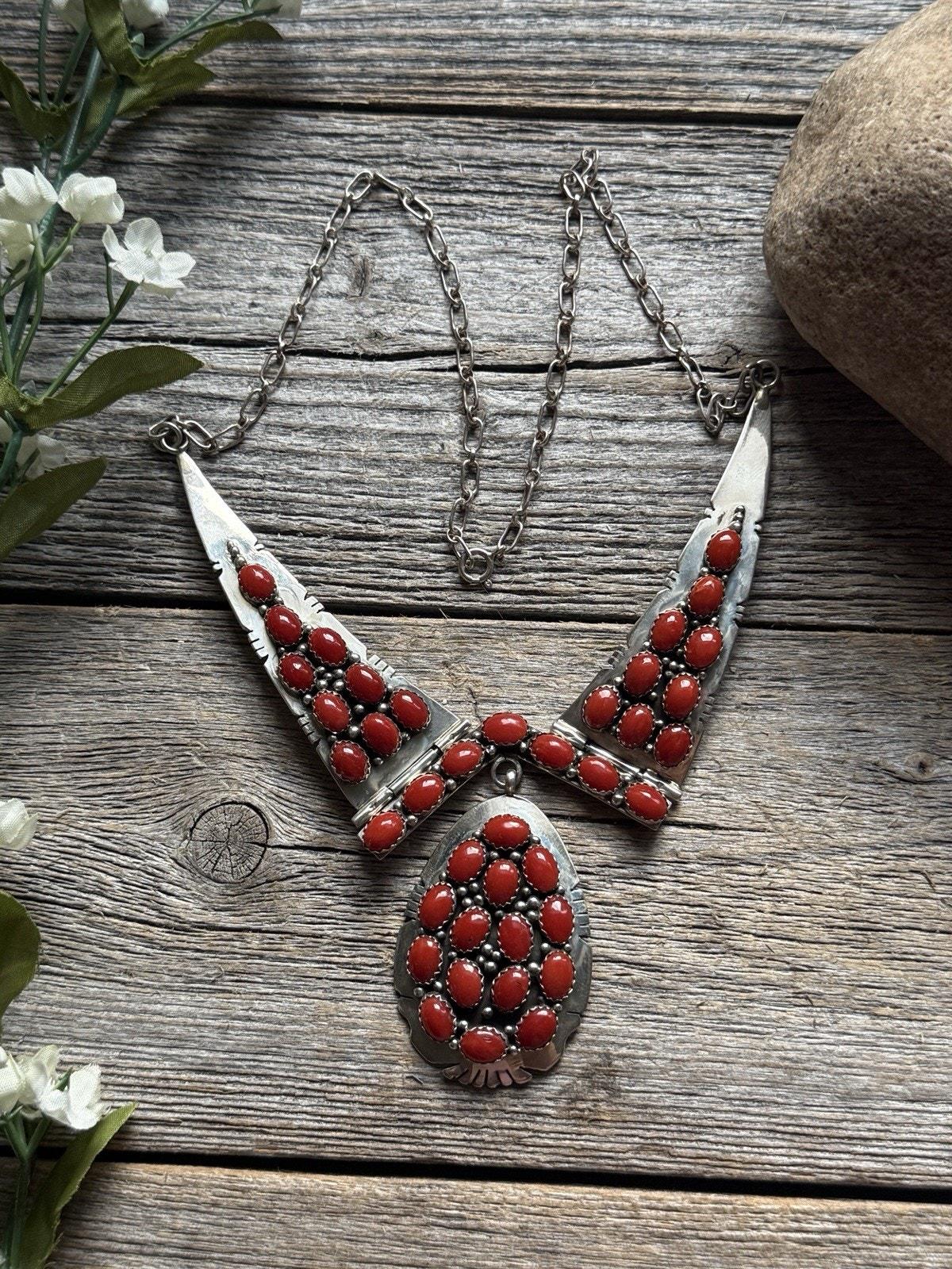 Navajo Sterling Silver Red Coral Adjustable Lariat Chain Necklace