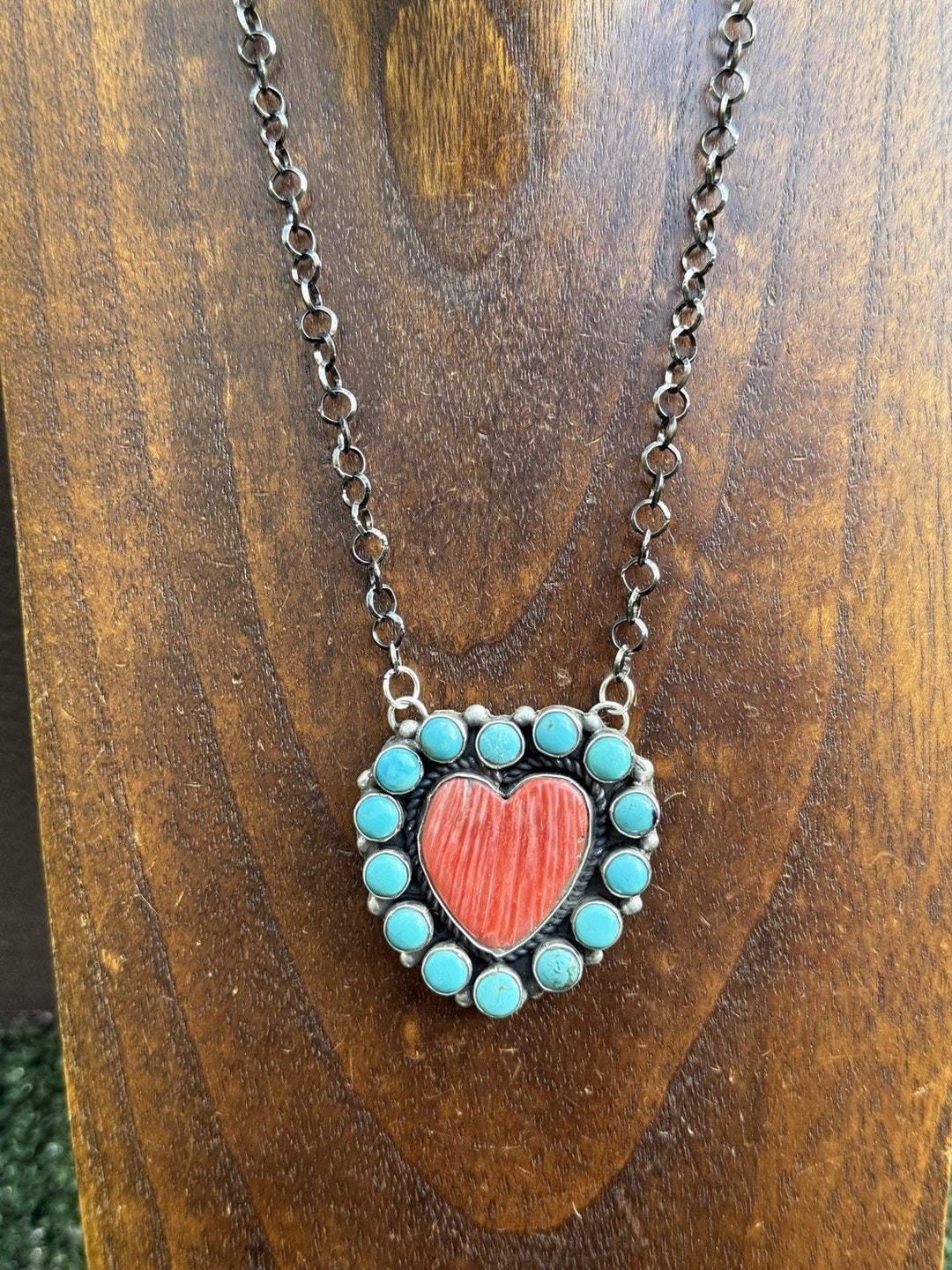 Navajo Sterling Silver Spiny Oyster Heart Turquoise Cluster Chain