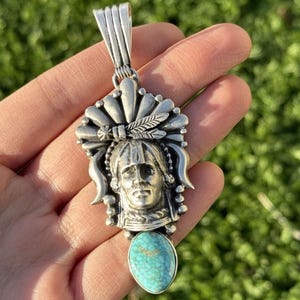 Navajo 925 Sterling Silber Türkis Indianerhäuptling Anhänger Südwestern