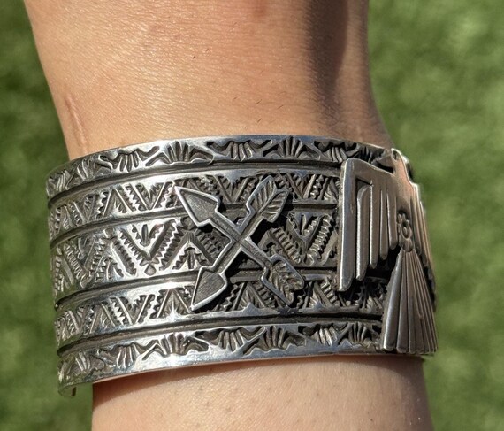 Tsosie White TO Sterling Silver Thunderbird Cuff Bracelet Navajo
