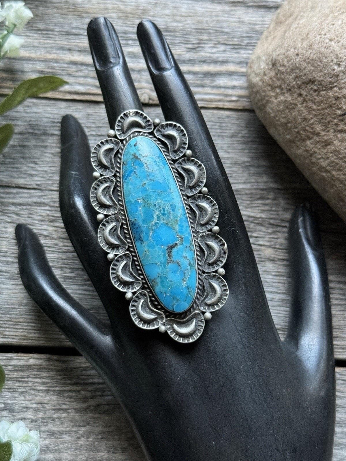 Native American 925 Sterling Silver Turquoise Ring. Size 8. Signed