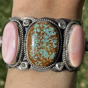 Navajo Native Sterling Silver Number 8 Turquoise Pink Conch Row Cuff Bracelet RY