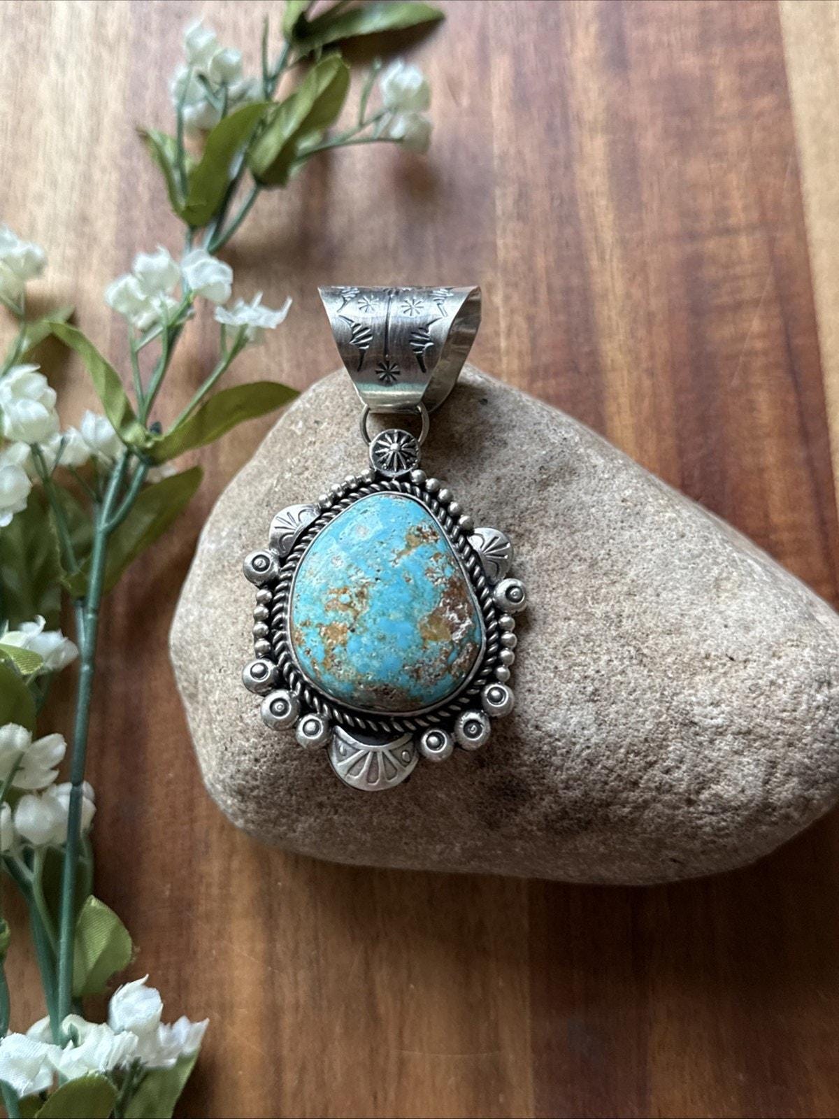 Navajo Sterling Silver Blue Royston Turquoise Pendant. K Yazzie