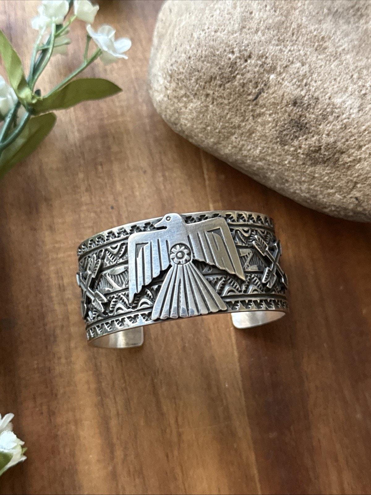 Tsosie White TO Sterling Silver Thunderbird Cuff Bracelet Navajo