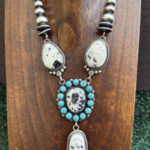 Navajo Sterling Silver White Buffalo Turquoise Cluster Chain Lariat Necklace CY