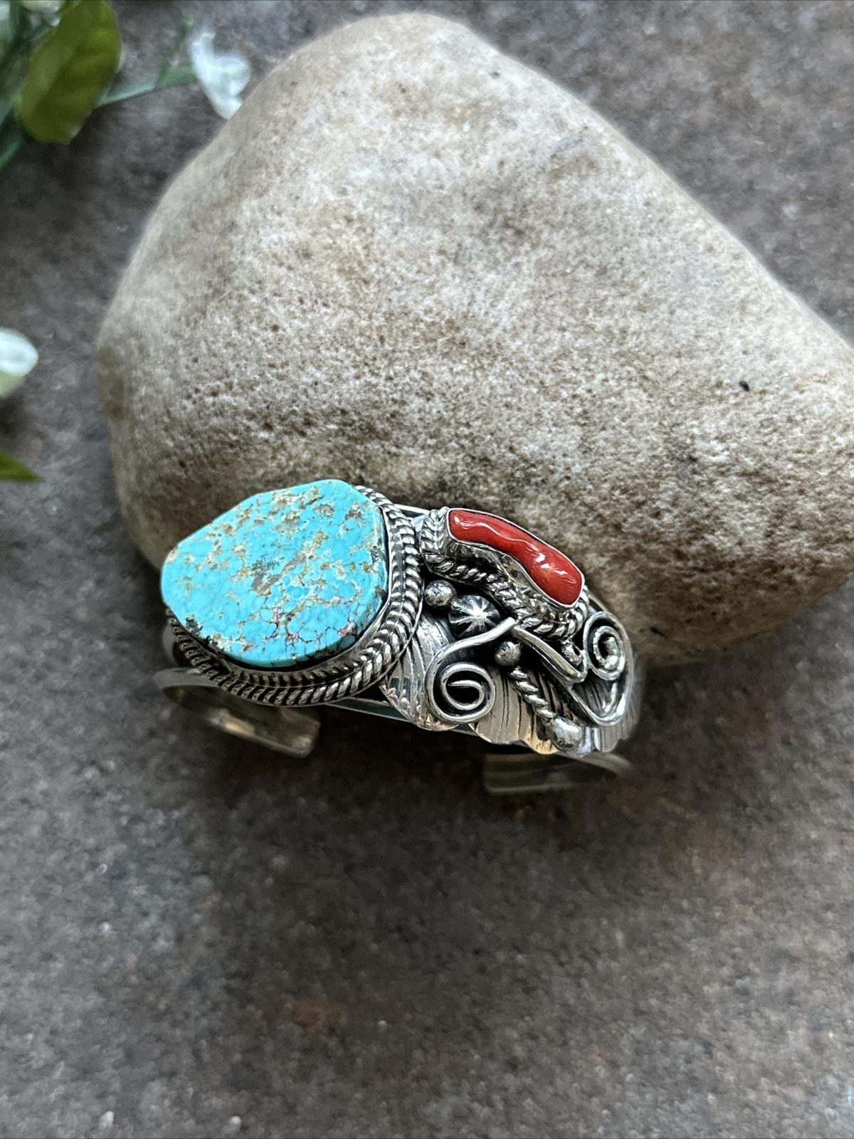 Navajo Sterling Silver Turquoise Coral Cuff Bracelet. Signed - Etsy