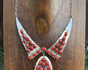 Navajo Sterling Silver Red Coral Adjustable Lariat Chain Necklace