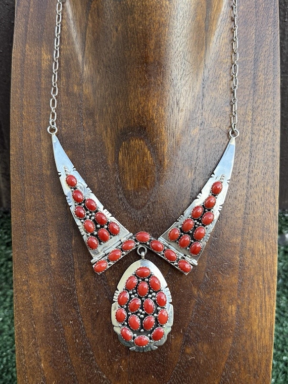 Navajo Sterling Silver Red Coral Adjustable Lariat Chain Necklace