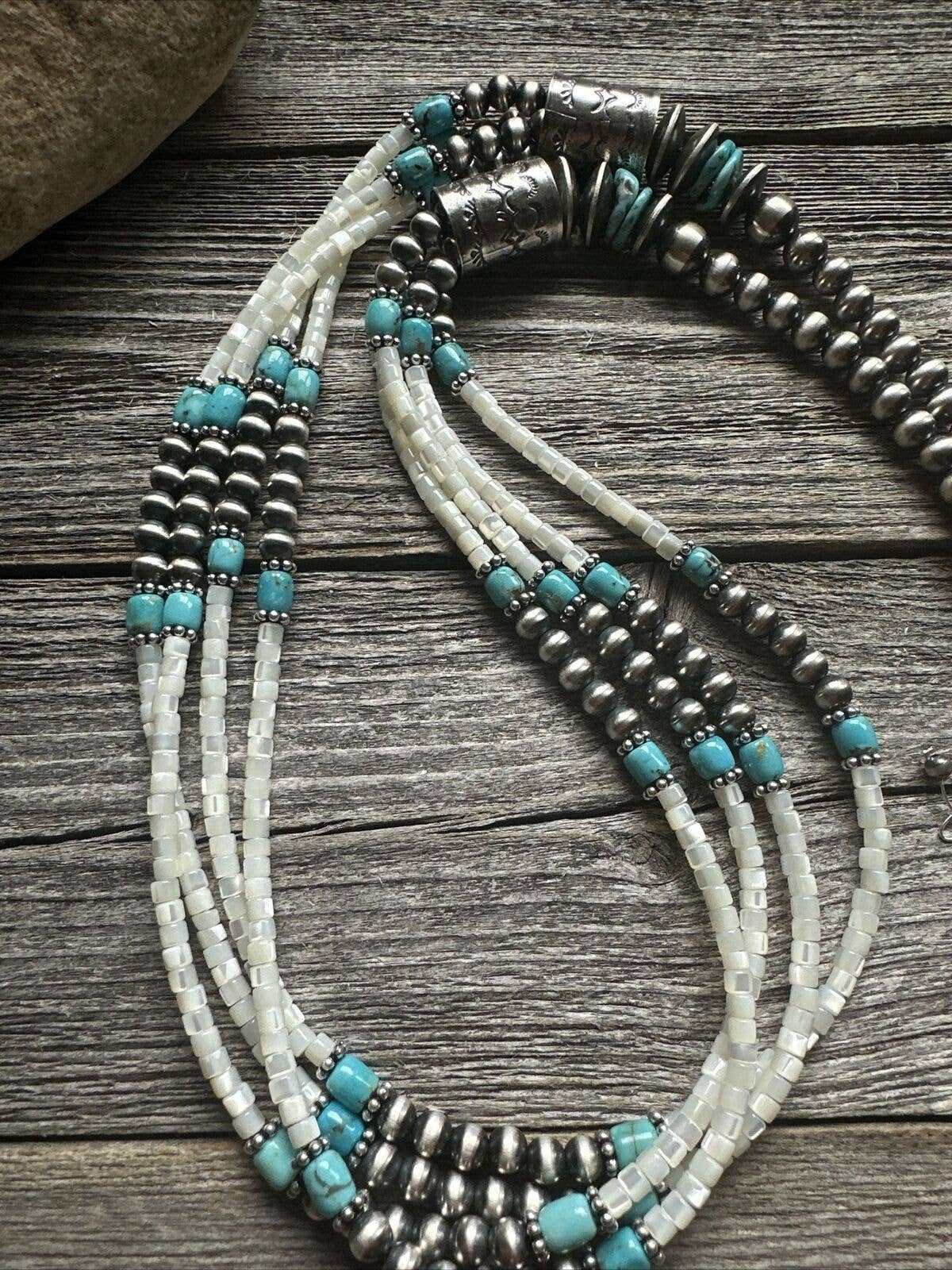 Sterling Silver Multi Strand Mother of Pearl Turquoise Bead Necklace ...