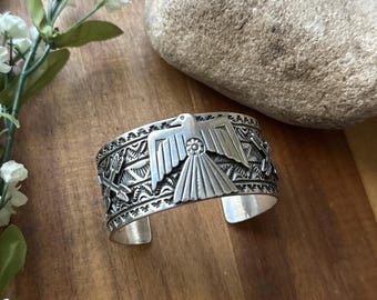 Tsosie White TO Sterling Silver Thunderbird Cuff Bracelet Navajo