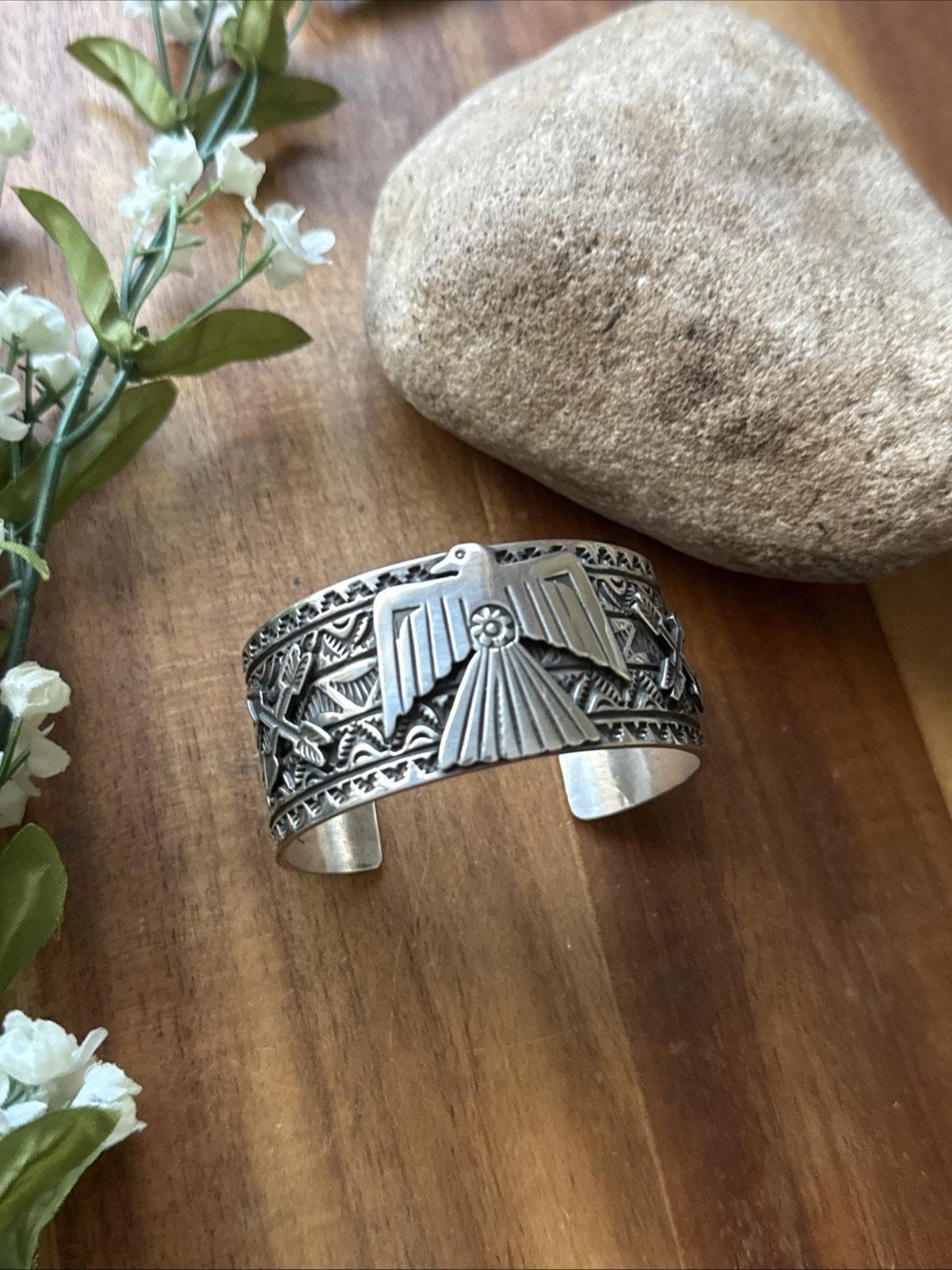 Tsosie White TO Sterling Silver Thunderbird Cuff Bracelet Navajo