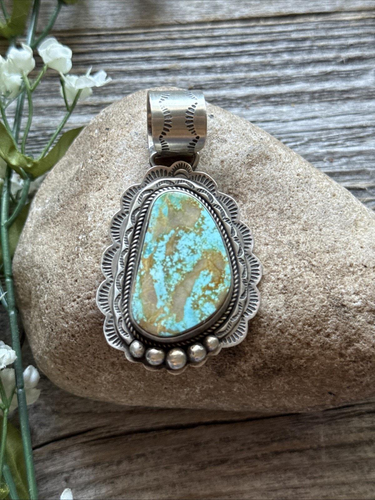 Navajo Sterling Silver Blue Royston Turquoise Pendant. E Etta