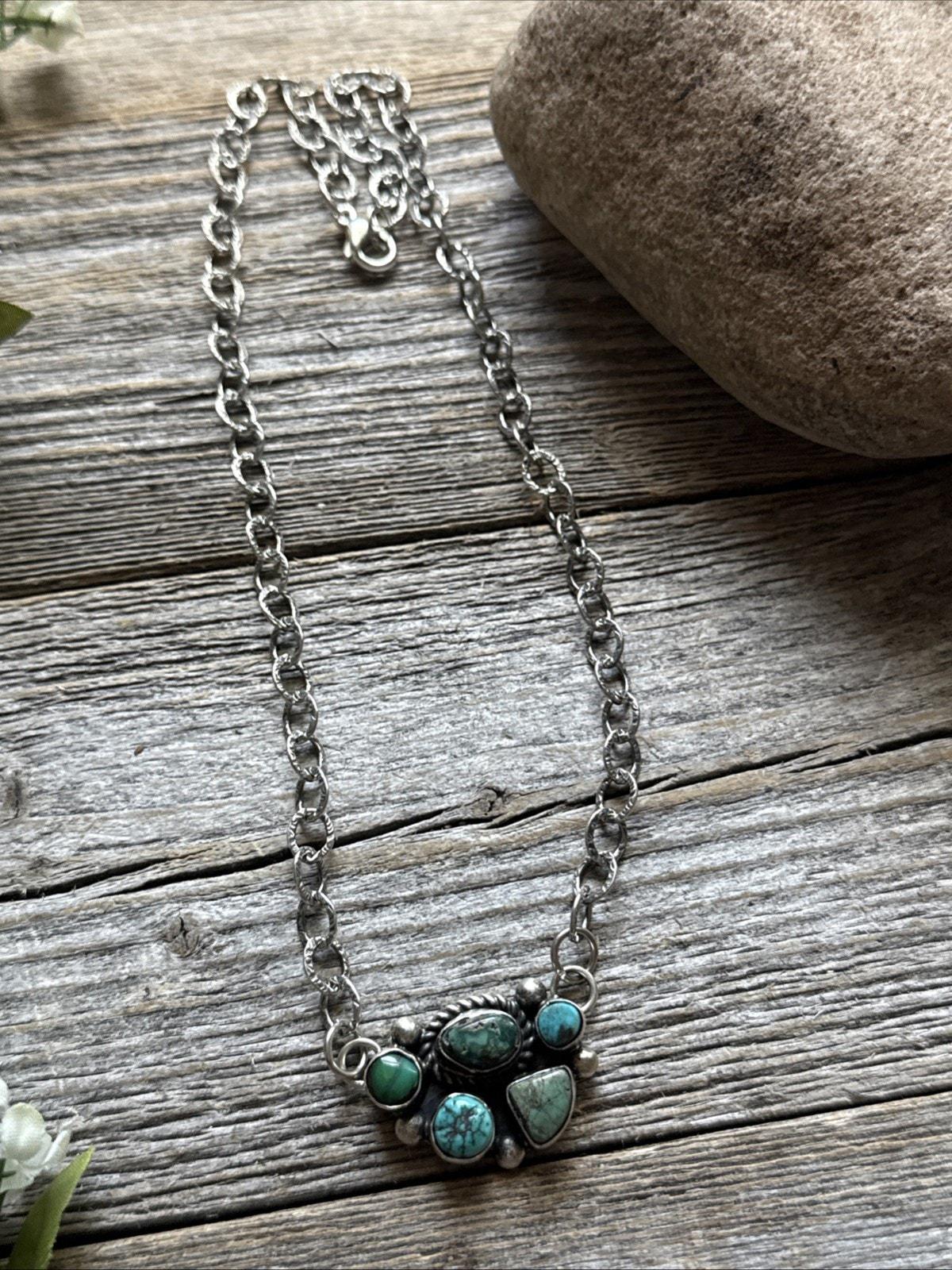 Navajo Sterling Silver Blue Turquoise Cluster Adjustable Chain