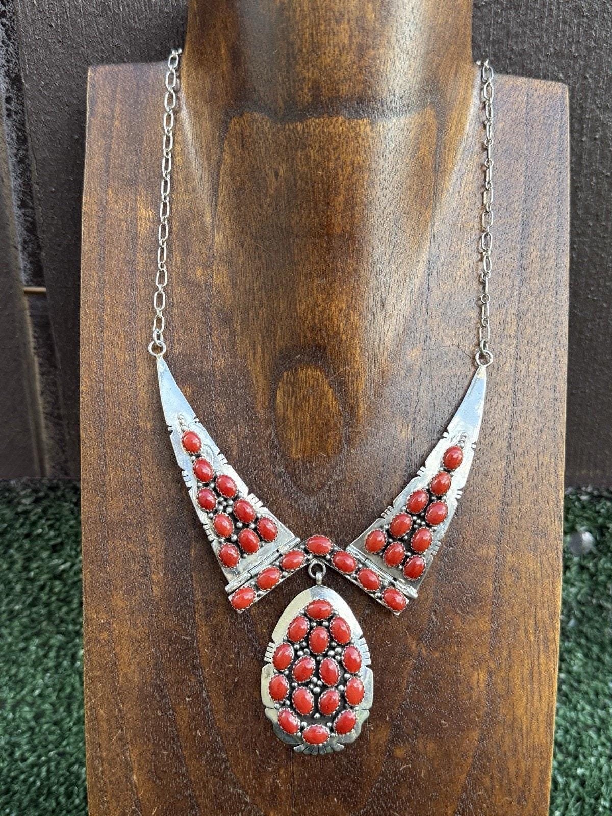 Navajo Sterling Silver Red Coral Adjustable Lariat Chain Necklace