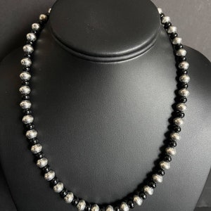 Sterling Silver Stamped Pearls Black Onyx Bead Necklace 18 inch