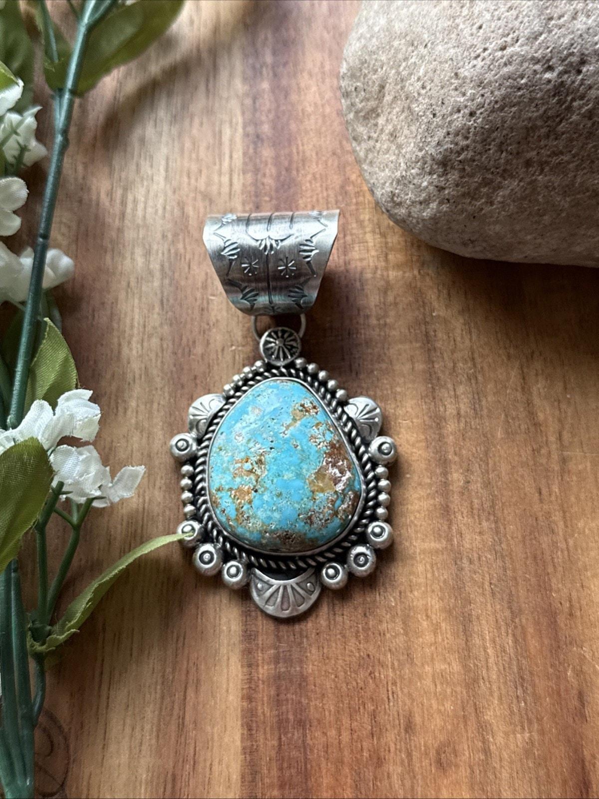 Navajo Sterling Silver Blue Royston Turquoise Pendant. K Yazzie