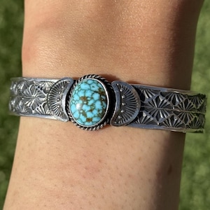 Sunshine Reeves Turquoise Sterling Silver Stacker Stamped Cuff Bracelet. Navajo