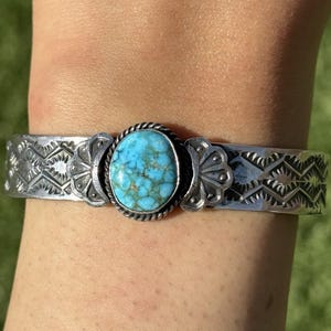 Sunshine Reeves Turquoise Sterling Silver Stacker Stamped Cuff Bracelet. Navajo
