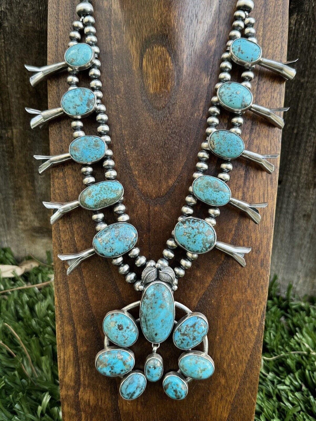 Navajo Sterling Silver White Water Turquoise Squash Blossom Pearls