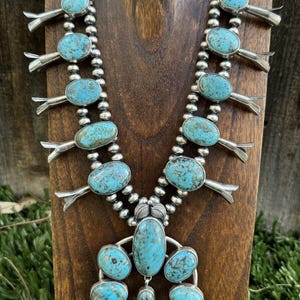 Navajo Sterling Silver White Water Turquoise Squash Blossom Pearls Necklace G