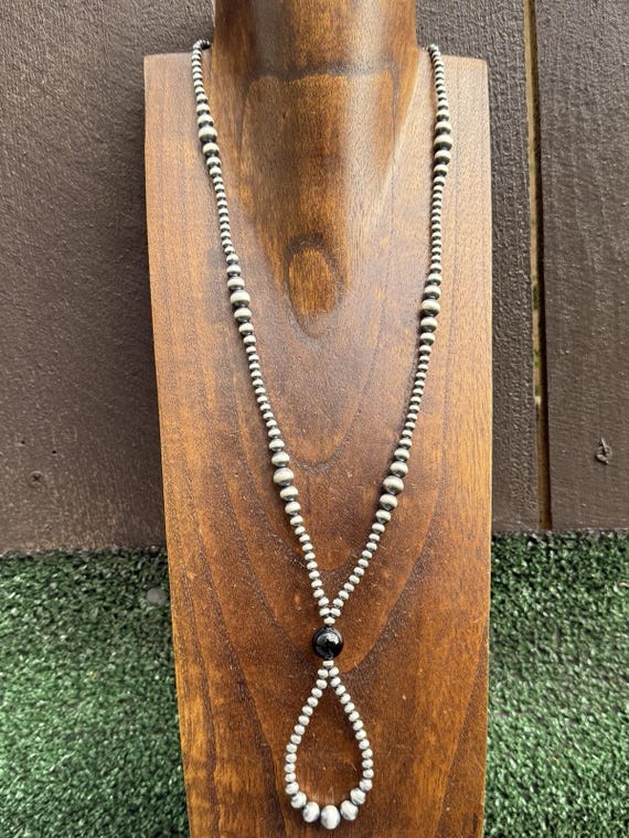 Jacla Sterling Silver Multi Graduated Onyx Pearls Bead Necklace 24