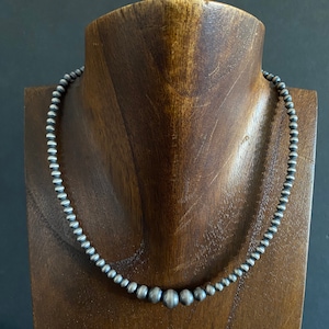 925 Sterling Silver 4mm-8mm Single Graduated Pearls Bead Necklace. Southwestern &quot;Navajo Style&quot;