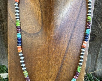 Sterling Silver Multi Stone W Pearls Bead Necklace. 20 Inch