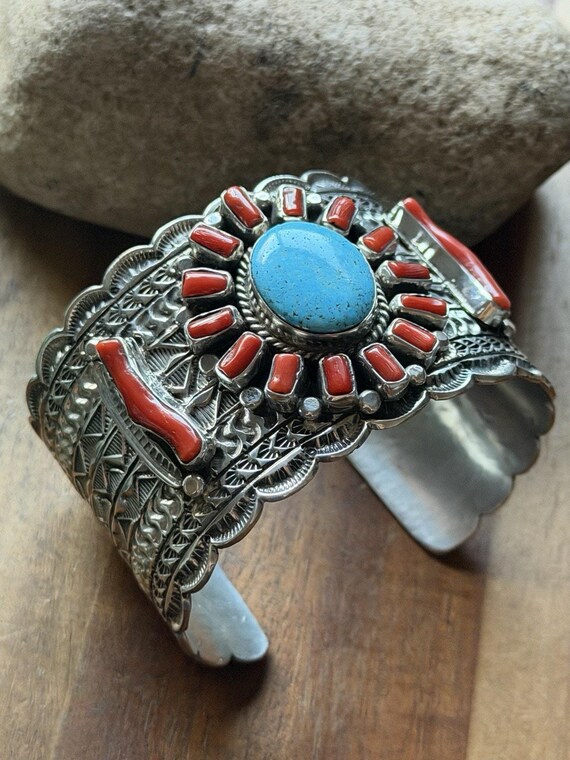 Navajo Native Sterling Silver Red Coral Turquoise Cluster  display picture 1