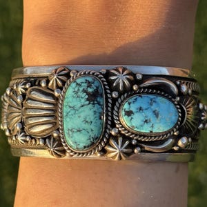 Navajo Native Sterling Silver Turquoise Cuff Bracelet H Piasso