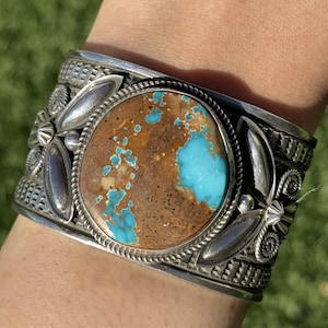 Andy Cadman Sterling Silver Blue Royston Turquoise Cuff Bracelet Navajo Handmade