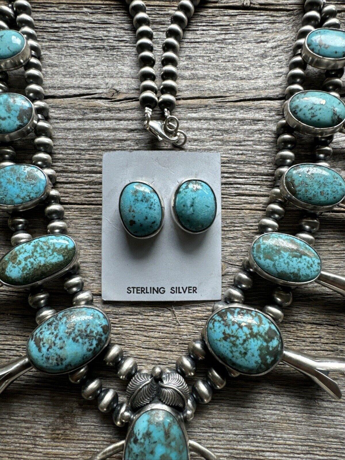 Navajo Sterling Silver White Water Turquoise Squash Blossom Pearls