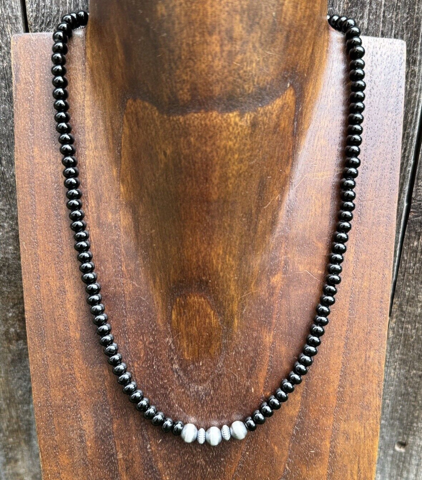 Southwestern 925 Sterling Silver Black Onyx W Pearls Bead Necklace