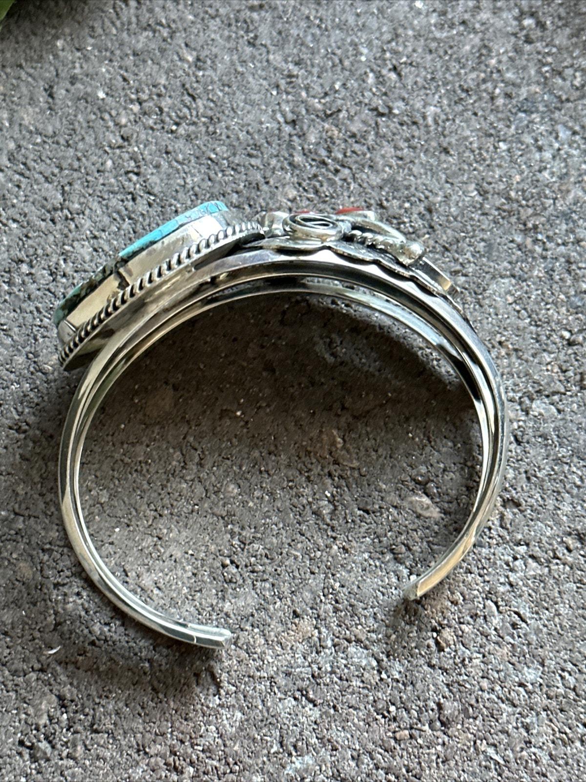 Navajo Sterling Silver Turquoise Coral Cuff Bracelet. Signed - Etsy