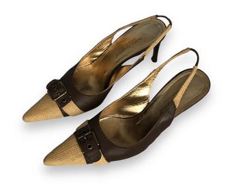 Vintage Dolce & Gabbana Slingback Heels 90s Y2K Brown Raffia Buckle Pumps Made in Italy Size 38.5 US8.5 UK5.5