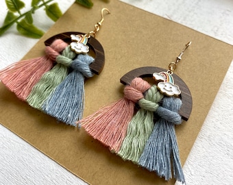 Macrame Rainbow Earrings| Modern Macrame Fringe Earrings| Quirky Kawaii Earrings| Hypoallergenic Earrings with Rainbow Charm