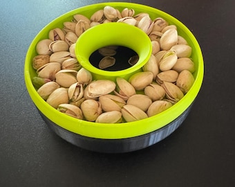 Peanut, pistachio, sunflower seed, candy, or cherry bowl with discard funnel. Contains shells and seeds in bottom. Custom designed