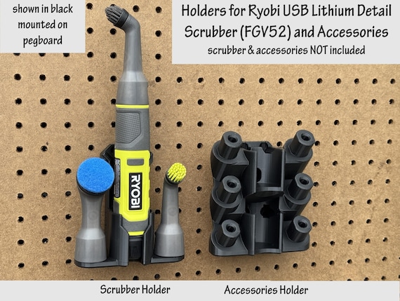 Holders for Ryobi USB Lithium Detail Scrubber FVG52 and Accessories, Garage or Workshop Organization
